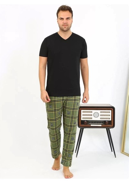 Erkek Ekoseli Desen Penye Tek Alt Pijama Haki