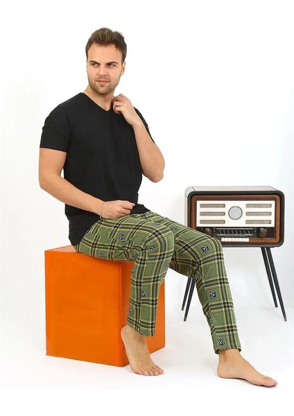 Erkek Ekoseli Desen Penye Tek Alt Pijama Haki modelleri