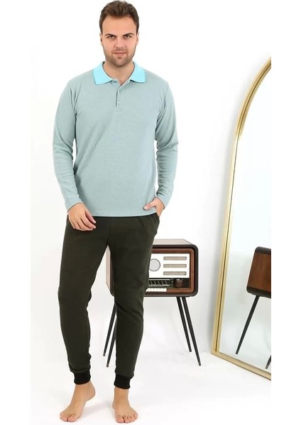 Erkek Polo Yaka Uzun Kol Penye Pijama Takımı Su Yeşili
