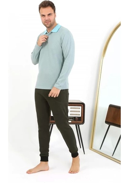 Erkek Polo Yaka Uzun Kol Penye Pijama Takımı Su Yeşili modelleri