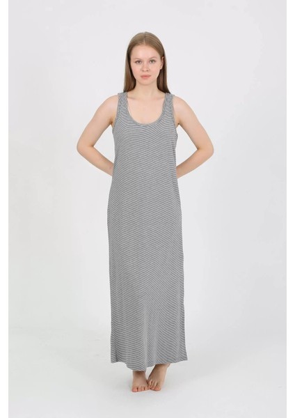 Kadın Kalın Askılı Yırtmaçlı Uzun Gri Gecelik