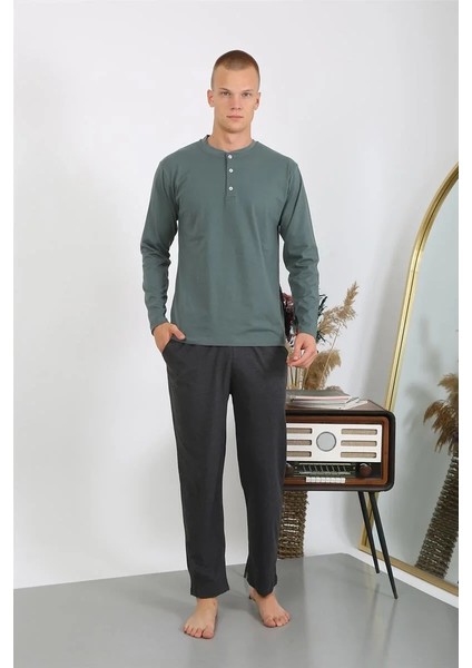 Erkek Penye Uzun Kol Pijama Takımı Haki
