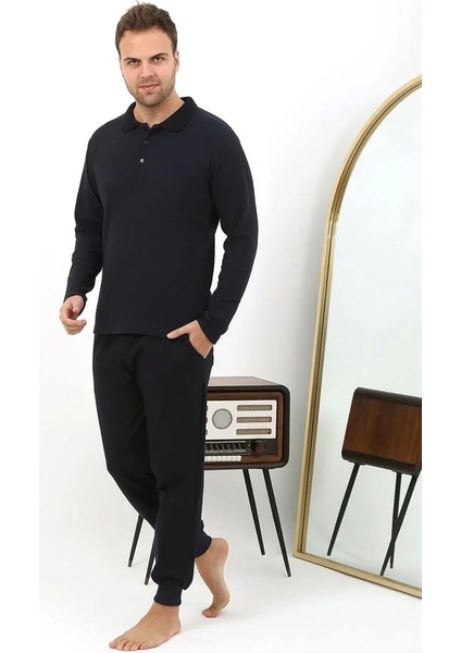 Erkek Polo Yaka Uzun Kol Penye Pijama Takımı Lacivert fırsatları