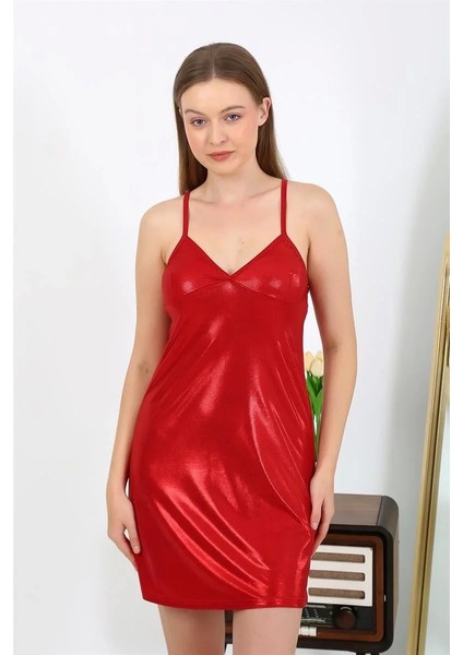 Ip Askılı Micro Kumaş Kısa Parlak Gecelik Ev Giyim Kırmızı