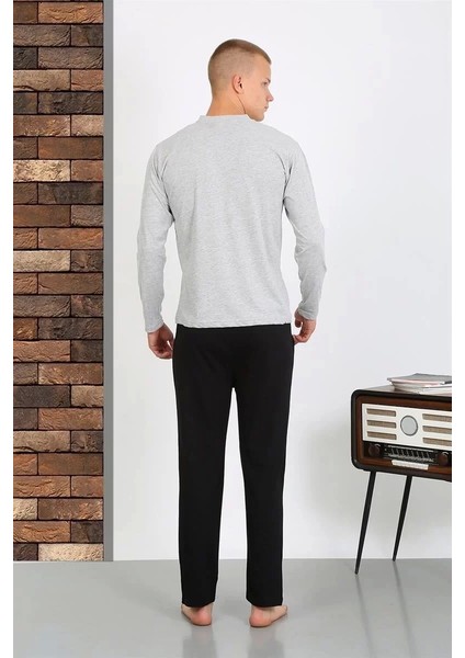 Erkek Penye Uzun Kol Pijama Takımı Gri