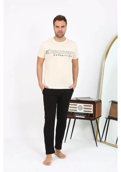 Erkek Kısa Kol Penye Pijama Takımı Krem