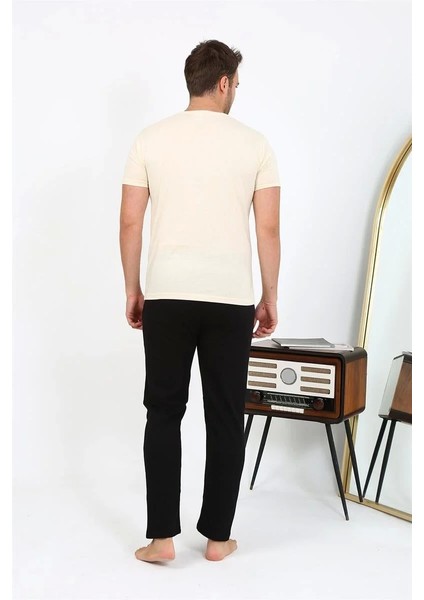 Erkek Kısa Kol Penye Pijama Takımı Krem indirimleri