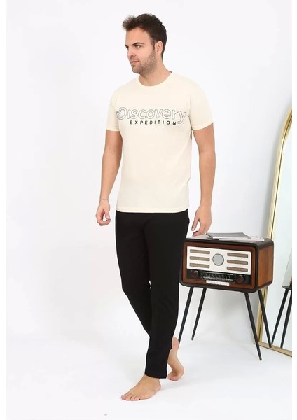 Erkek Kısa Kol Penye Pijama Takımı Krem