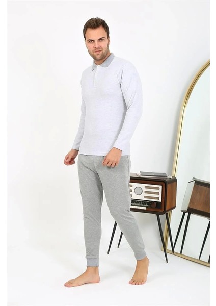 Erkek Polo Yaka Uzun Kol Penye Pijama Takımı Gri fiyatları