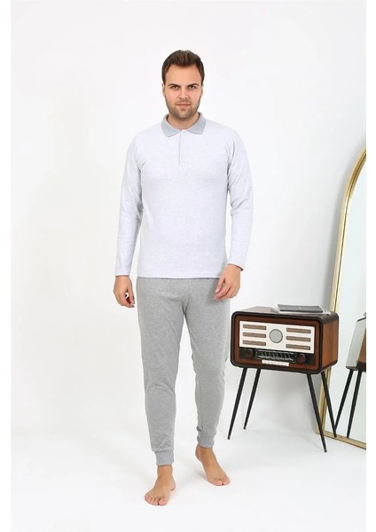 Erkek Polo Yaka Uzun Kol Penye Pijama Takımı Gri modelleri