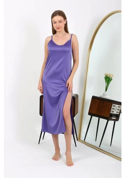 Yırtmaçlı Uzun Saten Gecelik Mor fiyatları