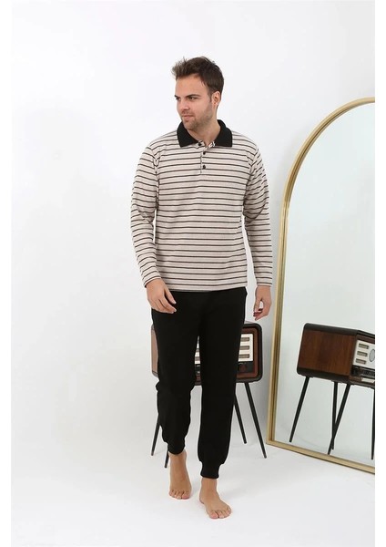 Erkek Polo Yaka Uzun Kol Penye Pijama Takımı Krem
