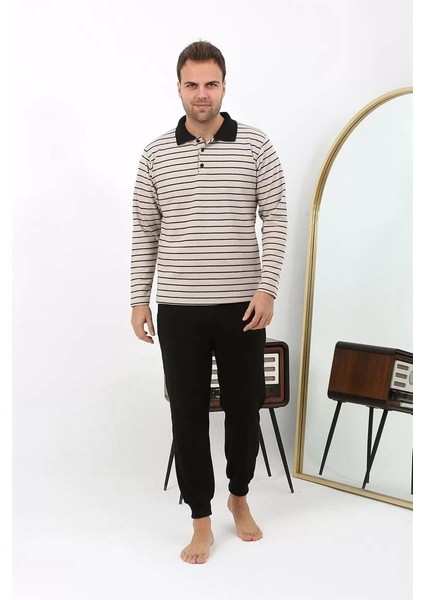 Erkek Polo Yaka Uzun Kol Penye Pijama Takımı Krem indirimleri