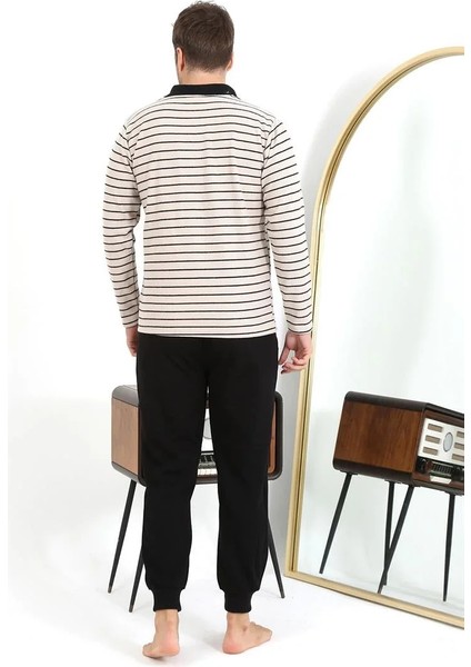 Erkek Polo Yaka Uzun Kol Penye Pijama Takımı Krem