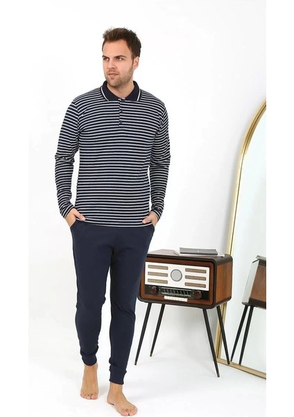 Erkek Polo Yaka Uzun Kol Penye Pijama Takımı Lacivert