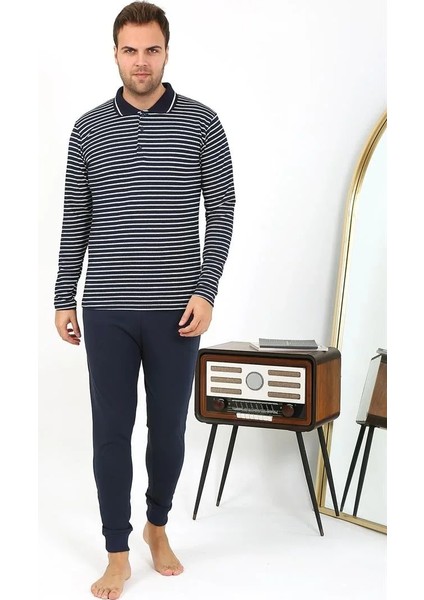 Erkek Polo Yaka Uzun Kol Penye Pijama Takımı Lacivert modelleri