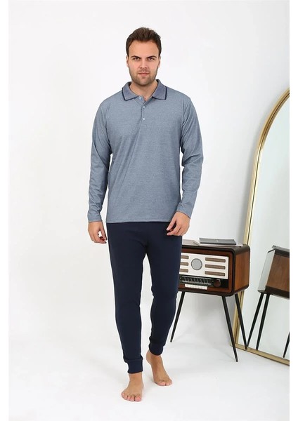 Erkek Polo Yaka Uzun Kol Penye Pijama Takımı Gri modelleri