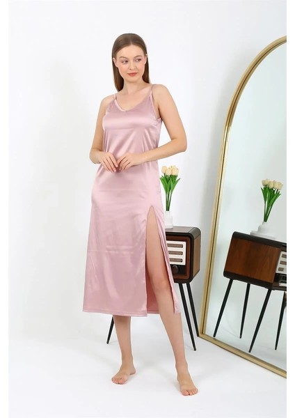 Yırtmaçlı Uzun Saten Gecelik Pudra