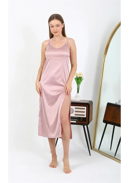 Yırtmaçlı Uzun Saten Gecelik Pudra fiyatları