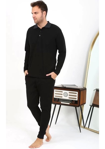 Erkek Polo Yaka Uzun Kol Penye Pijama Takımı Siyah
