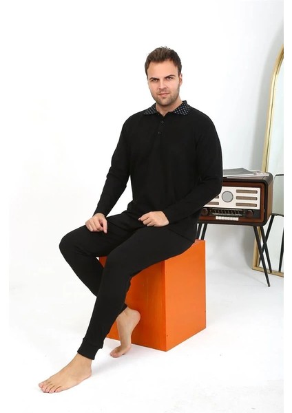 Erkek Polo Yaka Uzun Kol Penye Pijama Takımı Siyah fiyatları