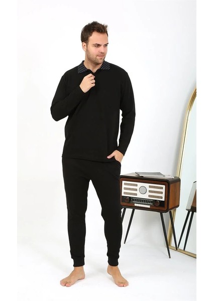 Erkek Polo Yaka Uzun Kol Penye Pijama Takımı Siyah modelleri