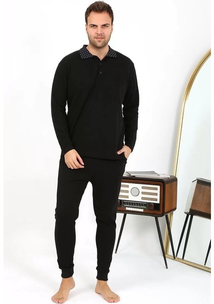 Erkek Polo Yaka Uzun Kol Penye Pijama Takımı Siyah