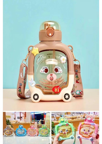 Sevimli Ayıcık Çocuk Suluk 1000 Ml, Kapaklı, Bpa Içermez, Sticker Figürlü, Okul Için