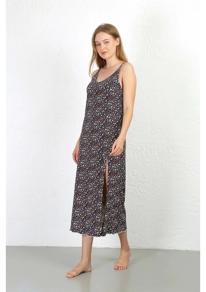 Ip Askılı Uzun Yırtmaçlı Penye Gecelik Lacivert indirimleri