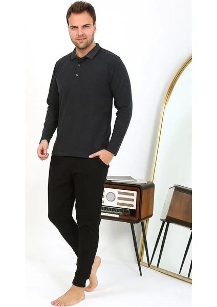 Erkek Polo Yaka Uzun Kol Penye Pijama Takımı Antrasit fiyatları