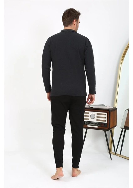 Erkek Polo Yaka Uzun Kol Penye Pijama Takımı Antrasit fırsatları