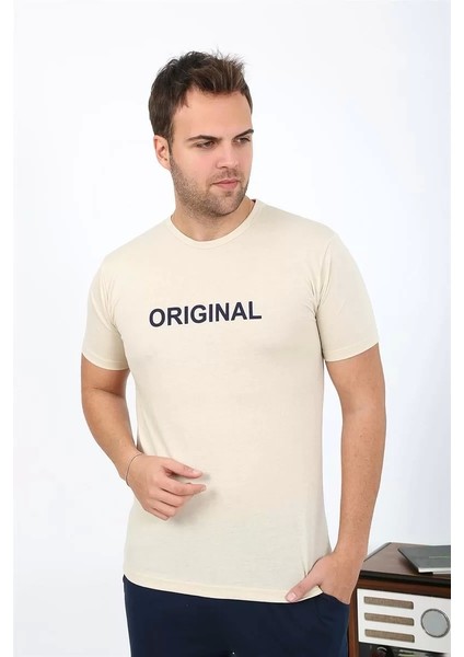 Erkek Kısa Kol Penye Pijama Takımı Krem