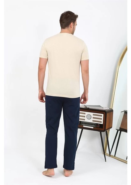 Erkek Kısa Kol Penye Pijama Takımı Krem modelleri