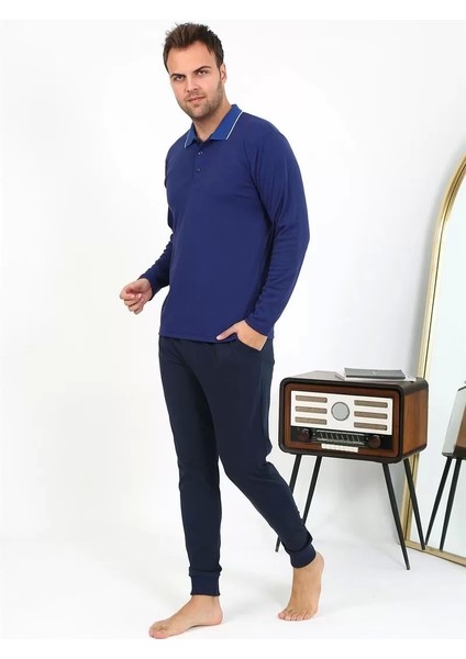 Erkek Polo Yaka Uzun Kol Penye Pijama Takımı Lacivert fırsatları