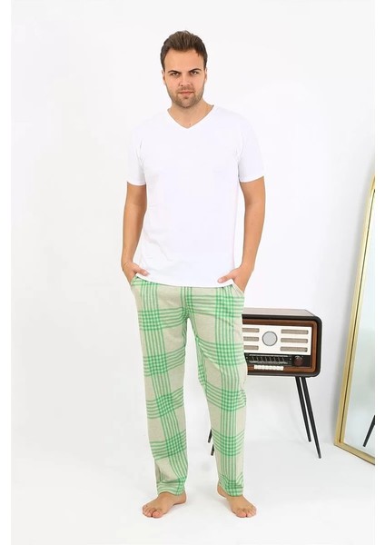 Erkek Ekoseli Desen Penye Tek Alt Pijama Yeşil