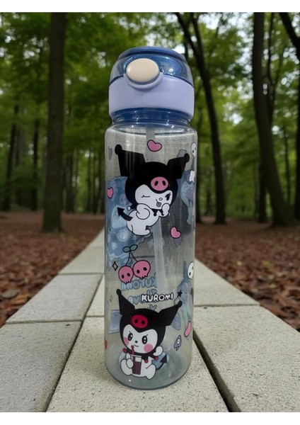 Sevimli Kuromi Figürlü Çocuk Suluğu, Pipetli, 600ML, Mavi Renk