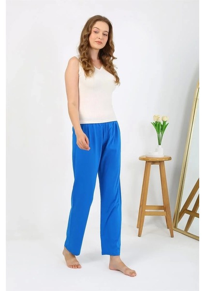 Kadın Penye Düz Tek Alt Pijama Mavi
