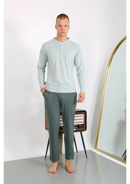 Erkek Penye Uzun Kol Pijama Takımı Su Yeşili