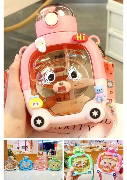 Sevimli Ayıcık Pembe 1000 ml Su Matara Şişesi Kapaklı ve Stickerli