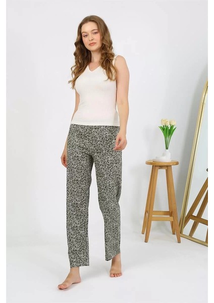 Kadın Penye Desenli Tek Alt Pijama Haki