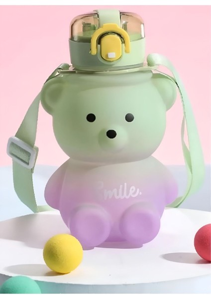 Yeşil Ayıcık Çocuk Su Şişesi, Pipetli, Okul ve Günlük Kullanım Için Mükemmel