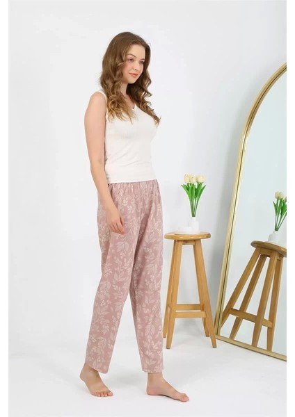 Kadın Penye Çiçek Desenli Tek Alt Pijama Pudra