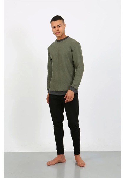 Erkek Uzun Kol Manşetli Paça Penye Pijama Takımı Haki