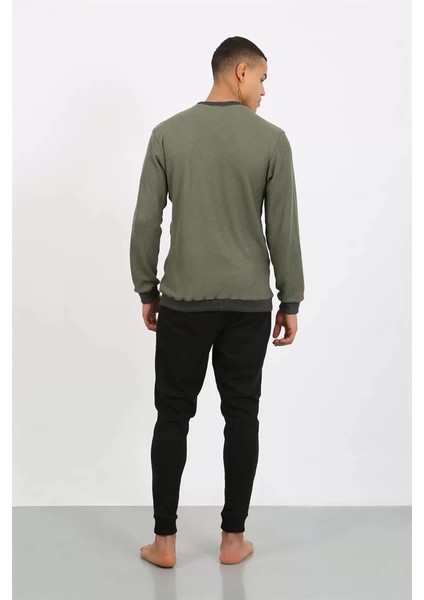 Erkek Uzun Kol Manşetli Paça Penye Pijama Takımı Haki