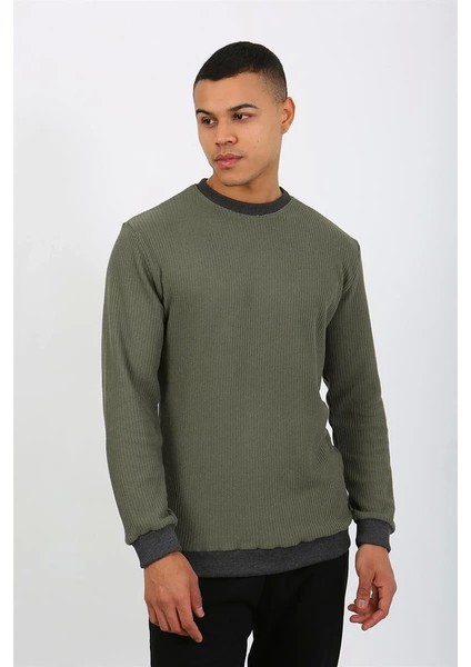 Erkek Uzun Kol Manşetli Paça Penye Pijama Takımı Haki