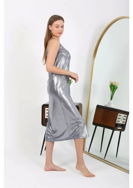 Kadın Ip Askılı Uzun Parlak Micro Elbise Gecelik Gri modelleri