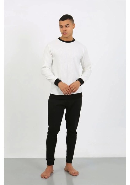 Erkek Uzun Kol Manşetli Paça Penye Pijama Takımı Beyaz