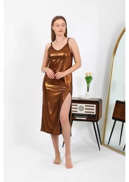 Kadın Ip Askılı Uzun Parlak Micro Elbise Gecelik Kahverengi