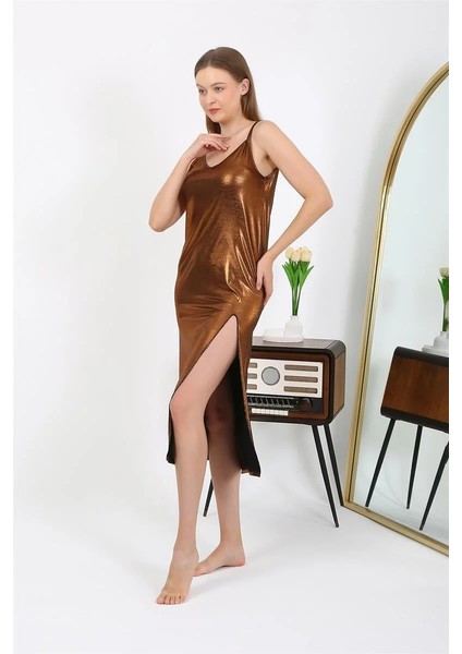 Kadın Ip Askılı Uzun Parlak Micro Elbise Gecelik Kahverengi modelleri