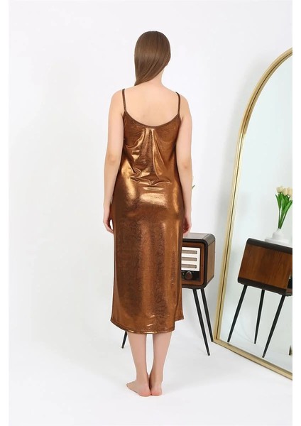Kadın Ip Askılı Uzun Parlak Micro Elbise Gecelik Kahverengi indirimleri